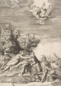 Kalypso versucht, Odysseus zurückzuhalten, während ein Kind rechts seine Rüstung vorbereitet und Merkur fällt, 1531-76