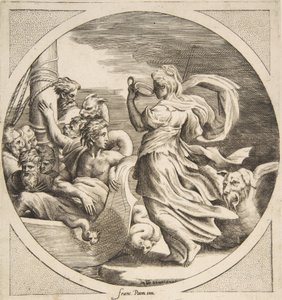 Circe trinkt aus einem Becher mit den Gefährten des Odysseus in einem Boot links, ein Kreis, 1531-1576