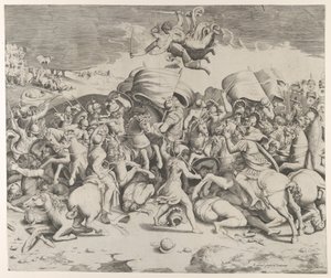Konstantin besiegt den Tyrannen Maxentius, Engel tragen Schwerter von Giulio Bonasone