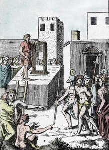 Todesstrafe: die Hinrichtung eines Todesurteils mit dem Vorläufer der Guillotine (Mannaia) in Italien, entworfen von Achille Bocchi, 1555 (Gravur von Giulio Buonasone)