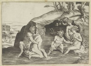 Drei Nymphen und zwei Satyrn beim Baden von Giulio Bonasone