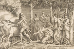 Herkules vertreibt das Vieh des Geryon, rechts sind die Nymphen der Hesperiden, 1531-76 von Giulio Bonasone