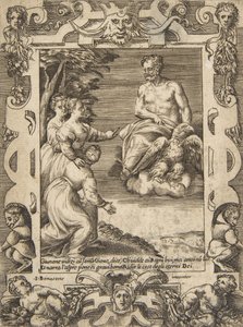 Juno links bittet Jupiter, den Griechen zu helfen, in einem aufwendigen Rahmen, 1531-76