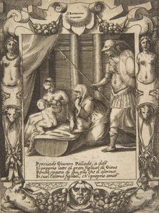 Juno überredet Athena, den jungen Herkules zu stillen, in einem aufwendigen Rahmen, aus