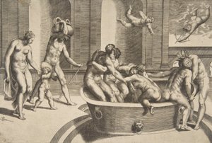 Männer und Frauen beim Baden, einige umarmend, 1531-76