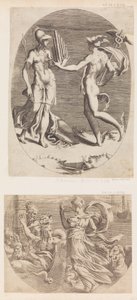 Merkur überreicht Minerva eine Panflöte von Giulio Bonasone