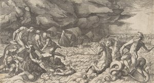 Neptun beruhigt den Sturm, den Aeolus gegen die Flotte des Aeneas entfesselt hat von Giulio Bonasone