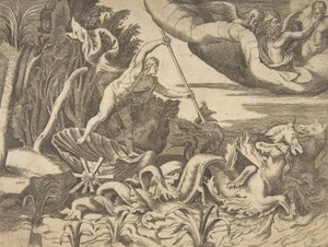 Neptun in seinem Wagen, gezogen von Seepferdchen, aus der 