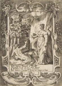 Tantalus links spricht mit Diana rechts, in einem aufwendigen Rahmen