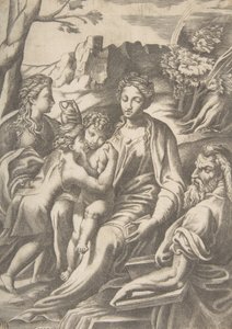 Die Heilige Familie mit Maria Magdalena und Johannes dem Täufer, der Christus umarmt, 1543 von Giulio Bonasone
