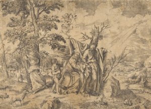 Die Rast auf der Flucht nach Ägypten, Joseph rechts, die Jungfrau hält das Christuskind, 1531-76