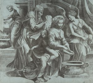 Die Jungfrau wäscht das Christkind, begleitet von Figuren und einem Engel rechts, ca. 1550-60 von Giulio Bonasone