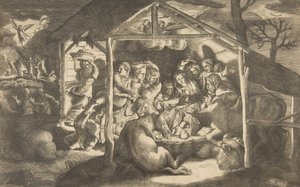 Die Anbetung der Hirten, verschiedene Figuren um das Christkind in der Mitte..., 1531-76 von Giulio Bonasone