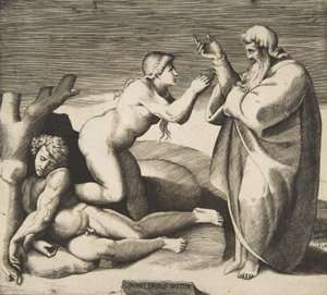 Die Erschaffung von Eva, die hinter Adam hervorkommt von Giulio Bonasone