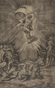 Die Auferstehung Christi, der in seiner rechten Hand ein Banner hält, umgeben von Soldaten..., 1561 von Giulio Bonasone