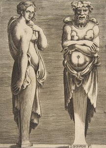 Zwei Figuren, eine Nymphe links und Silvanus rechts von Giulio Bonasone