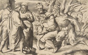 Zwei Satyrn bringen Silenus, König Midas steht links, 1531-76 von Giulio Bonasone