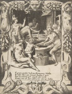 Vulkan, Neptun, Athene und andere Götter schmieden Fesseln, um Jupiter aus dem Himmel zu ziehen