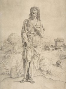 Der heilige Johannes der Täufer steht in einer Landschaft, Figuren und Gebäude im Hintergrund, ca. 1505-10