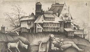 Der alte Schäfer liegt in einer Landschaft, Gebäude im Hintergrund, eine Ziege und ein Schaf, ca. 1500-1515 von Giulio Campagnola