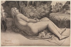Venus, die in einer Landschaft ruht, ca. 1508-09 von Giulio Campagnola