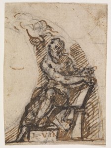 Sitzender Mann mit Schrifttafel(?). Architekturdetaill von Giulio Campi