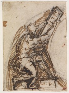 Sitzender Mann mit Schrifttafel(?). Architekturdetaill