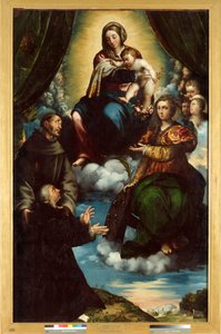 Die Madonna und das Kind, Heilige Katharina von Alexandrien, Heiliger Franziskus und Pietro Martire Stampa