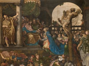 Wand gegenüber der Gegenfassade des südlichen Querschiffs, Giuseppe Campi, Triumph von Mordecai 1567, Detail obere Teil von Giulio Campi