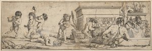 Bacchanal mit Säuglingssatyrn und Putti links, eine nackte männliche Figur liegt vorne, 1633-78