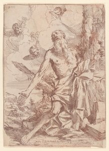 Der heilige Hieronymus kniet neben einem Baum mit ausgestreckten Armen von Giulio Carpioni