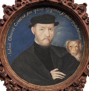 Selbstporträt mit Hund, 1528 von Giulio Clovio