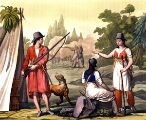 Bukanier und Frauen Freibeuter: der Pirat Jack Rackham genannt der Rote oder John Rackham, besser bekannt als Calico Jack (? -1720) dargestellt mit Anne Bonny (Bonney) und Mary (Marc) Read in Westindien. Tafel aus „Das alte und moderne Kostüm“ von Ferrario