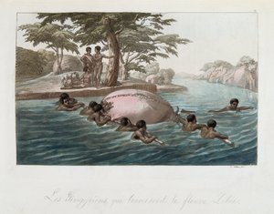 Bewohner von Sansibar überqueren den Fluss Lebee schwimmend - in „Das alte und moderne Kostüm“ von Ferrario, ed. Mailand von Giulio Ferrario