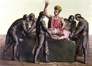 Topiltzin (Hohepriester der alten mexikanischen Zivilisationen) vollzieht ein Menschenopfer - in „Das alte und moderne Kostüm“ von J. Ferrario von Giulio Ferrario