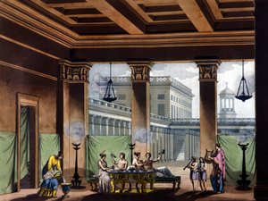 Triclinium mit Öllampen im antiken Griechenland: Bankettszene - aus „Das alte und moderne Kostüm“ von Jules Ferrario, Mailand