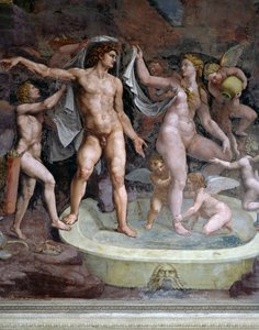 Bad von Mars und Venus, Fresko von Giulio Romano, Nordwand der Kammer von Amor und Psyche, Palazzo Te, Mantua (UNESCO-Welterbeliste, 2008), Lombardei, Italien von Giulio Romano
