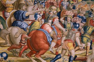 Serie Die Taten des Scipio: Die Schlacht bei Zama. Zeichner Giulio Romano. Atelier von Balthasar van Vlierden (?), Brüssel. 1523-1532. (Detail) von Giulio Romano
