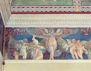 Fries aus der Camera con Fregio di Amorini (Detail von zwei spielenden Cupidos, einer schwarz) von Giulio Romano