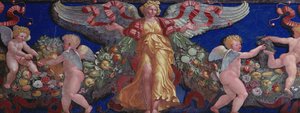 Fries aus der Camera con Fregio di Amorini (Detail eines Engels in goldenem Kleid mit ausgebreiteten Flügeln)