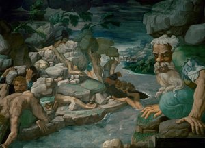 Riesen, die versuchen, Olympos zu stürmen, werden von herabfallenden Felsen zerschmettert