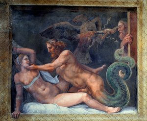 Olympia wird von Jupiter verführt, dessen Blitz von einem Adler ergriffen wird, der das Auge des eifersüchtigen Königs von Makedonien durchbohrt, aus der Sala di Amore e Psiche, 1528
