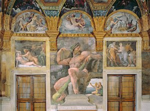 Olympia verführt von Jupiter, Polyphemus bewacht Acis und Galatea, Pasiphae betritt die von Daedalus konstruierte Kuh, aus der Sala di Amore e Psiche