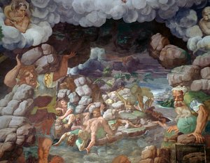 Rebellische Riesen, die von einem Berg getroffen werden von Giulio Romano