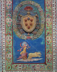 Die Camera con Fregio di Amorini (Detail der zentralen Decke mit Medici-Wappen und Allegorie der Nacht) von Giulio Romano