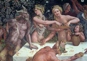 Zwei Horae streuen Blumen, beobachtet von zwei Satyrn, Detail des rustikalen Banketts zur Feier der Hochzeit von Amor und Psyche von Giulio Romano