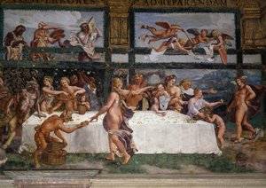 Hochzeitsfest oder Bankett der Götter, Fresko von Giulio Romano, Westwand der Kammer von Amor und Psyche, Palazzo Te, Mantua, Lombardei, Italien