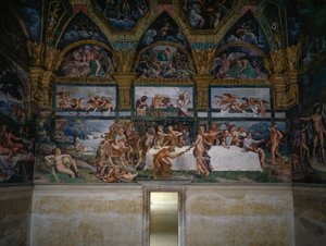 Hochzeitsfest oder Bankett der Götter, Fresko von Giulio Romano, Westwand der Kammer von Amor und Psyche, Palazzo Te, Mantua, Lombardei, Italien von Giulio Romano