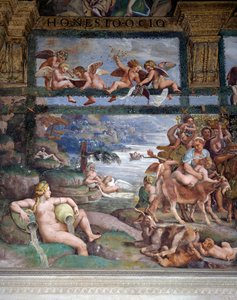Hochzeitsfest oder Bankett der Götter, Fresko von Giulio Romano (1499-1546), Westwand der Kammer von Amor und Psyche, Palazzo Te, Mantua (UNESCO-Welterbeliste, 2008), Lombardei, Italien von Giulio Romano