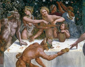 Hochzeitsfest oder Bankett der Götter, Fresko von Giulio Romano (1499-1546), Westwand der Kammer von Amor und Psyche, Palazzo Te, Mantua (UNESCO-Weltkulturerbe, 2008), Lombardei, Italien von Giulio Romano